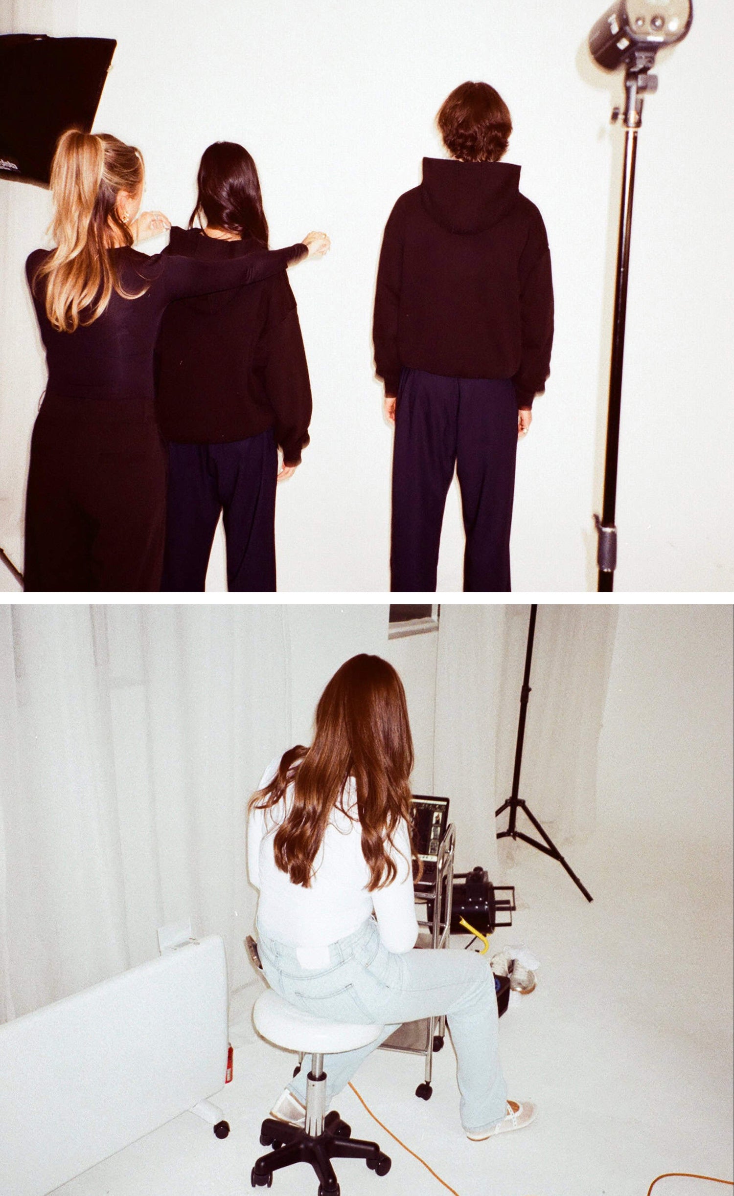 Split image of founders of The Sixth Language, Kaitlyn and Olivia on set of the product photoshoot, managing the models and directing the photography. Shot on 35mm colour film.
