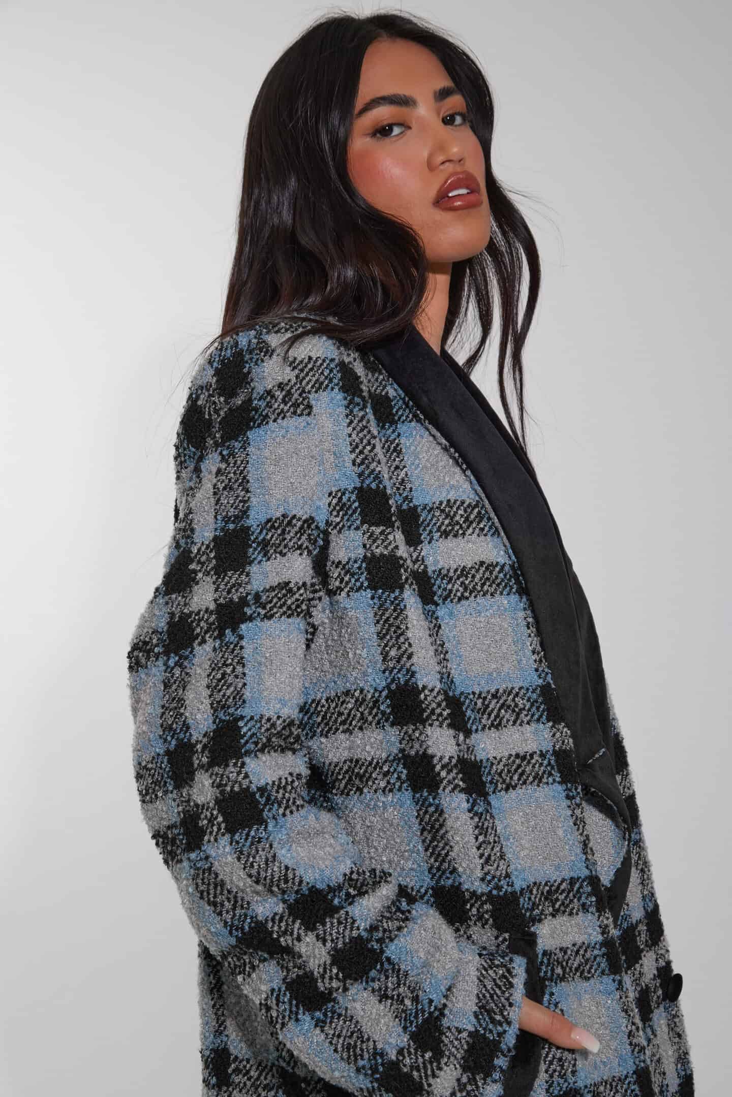 harvesty ハーベスティ ウールツイードズートジャケット　チェックコート the harvest coat | Blue Check Print Oversized Longline Coat - The