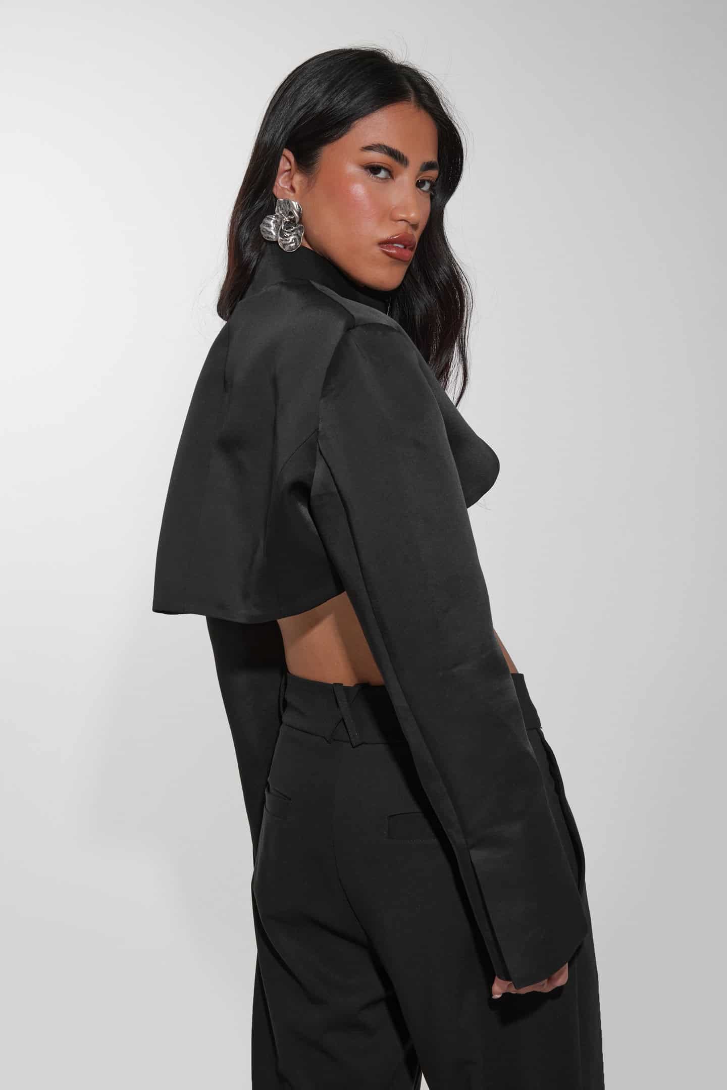 the nights bolero | Black Satin Cropped Bolero Blazer Jacket - The