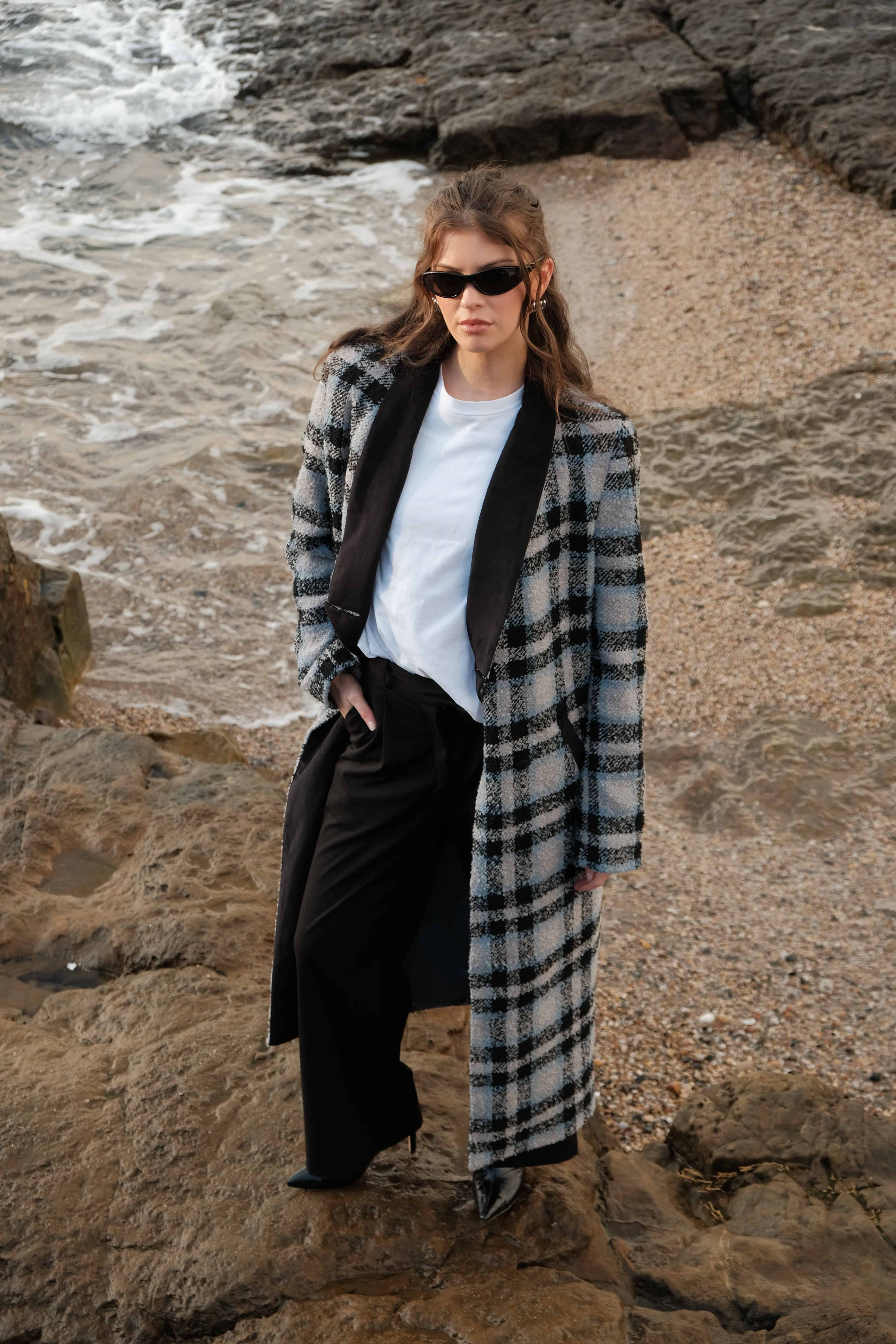 the harvest coat | Blue Check Print Oversized Longline Coat - The